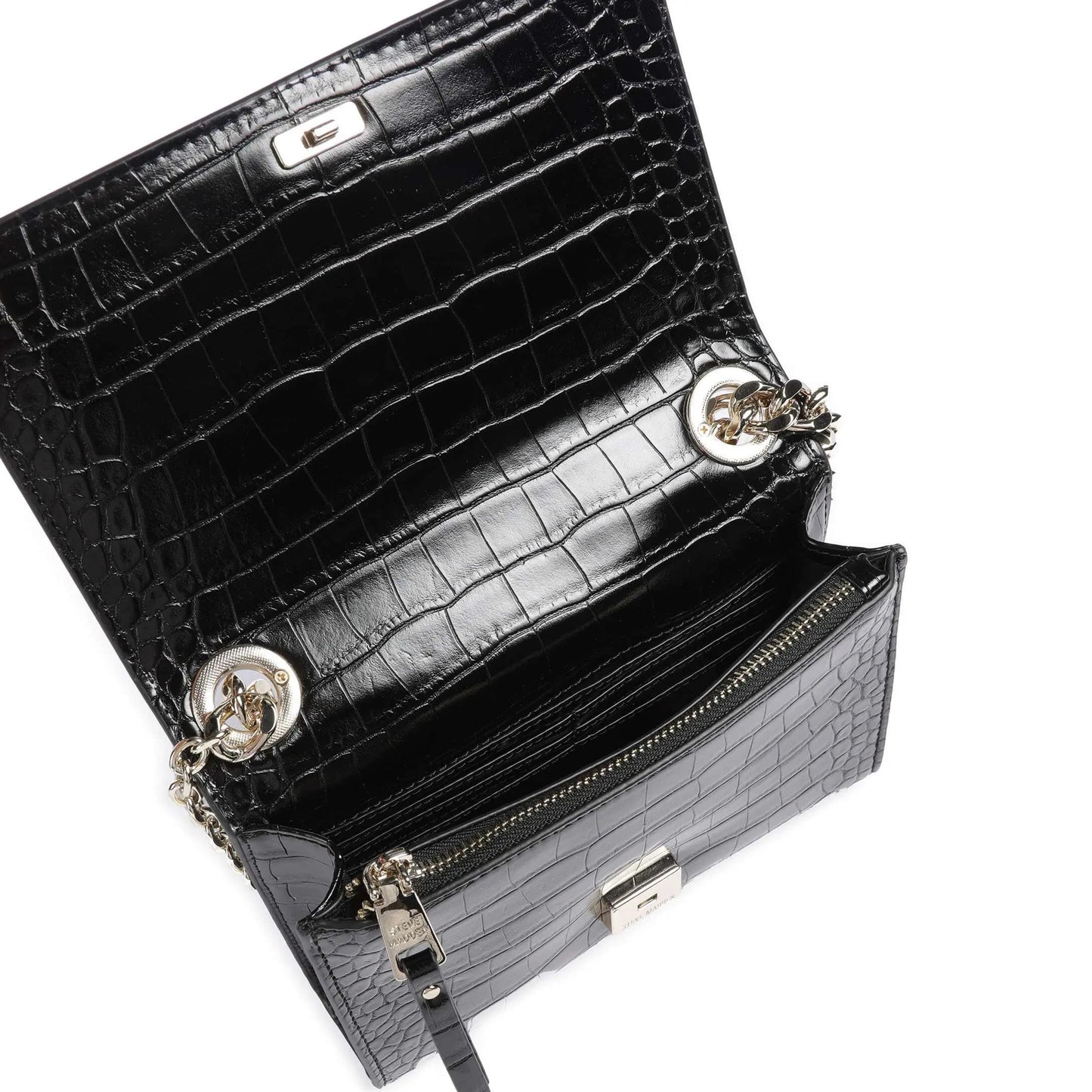 Steve Madden BRAYE Shoulder Bag in Black Croc-Effect with Chain Strap