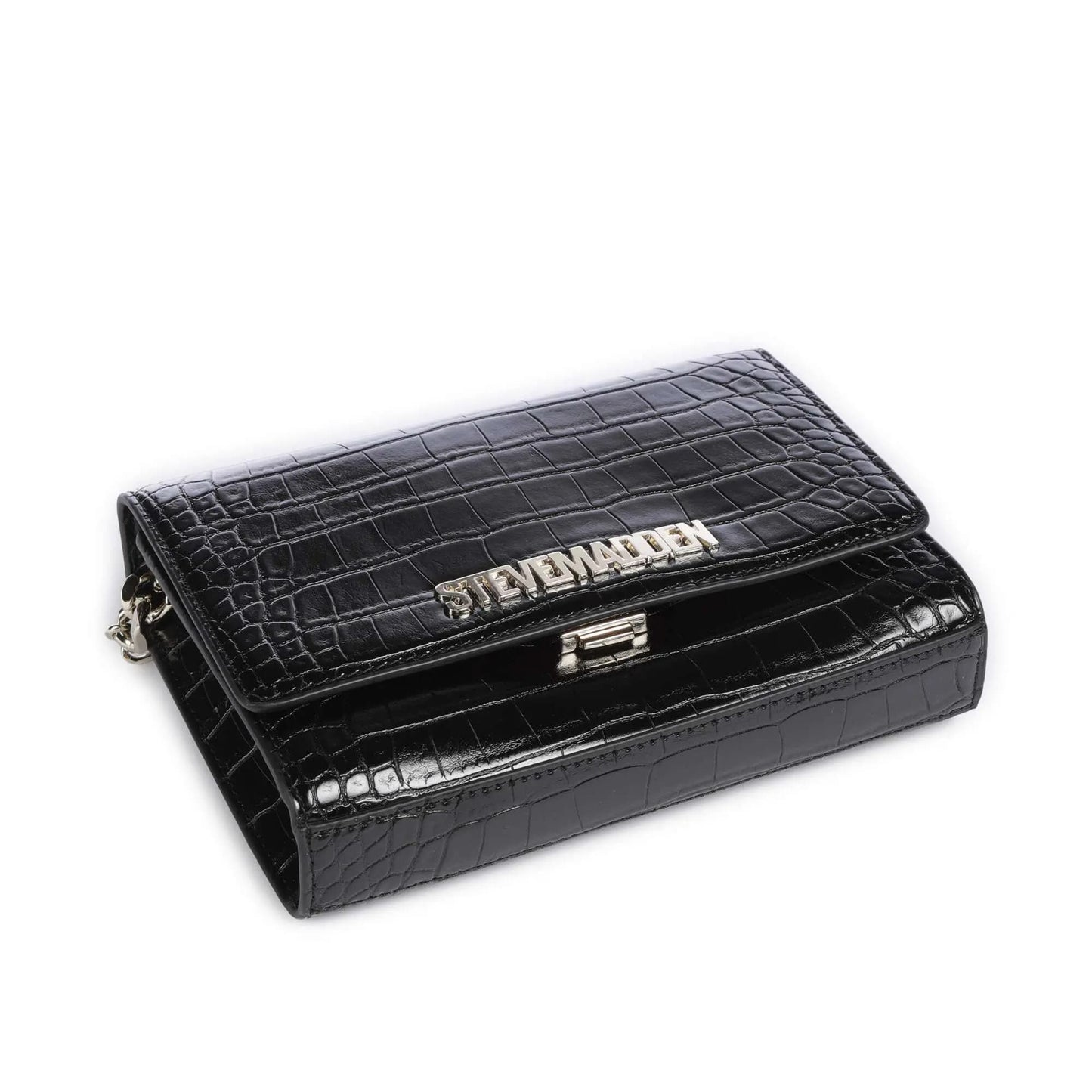 Steve Madden BRAYE Shoulder Bag in Black Croc-Effect with Chain Strap